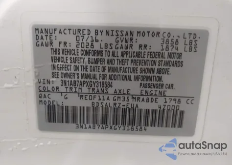 2016 Nissan Sentra Sr из США, поврежденный, VIN 3N1AB7APXGY318584